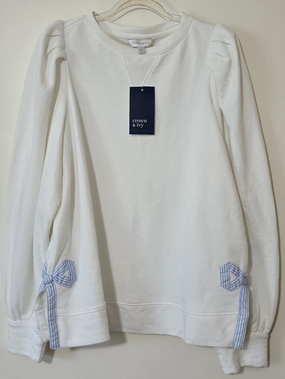 NWT Crown & Ivy Ribbon Bow Puff Sweatshirt Coquette Soft Girl Preppy Large